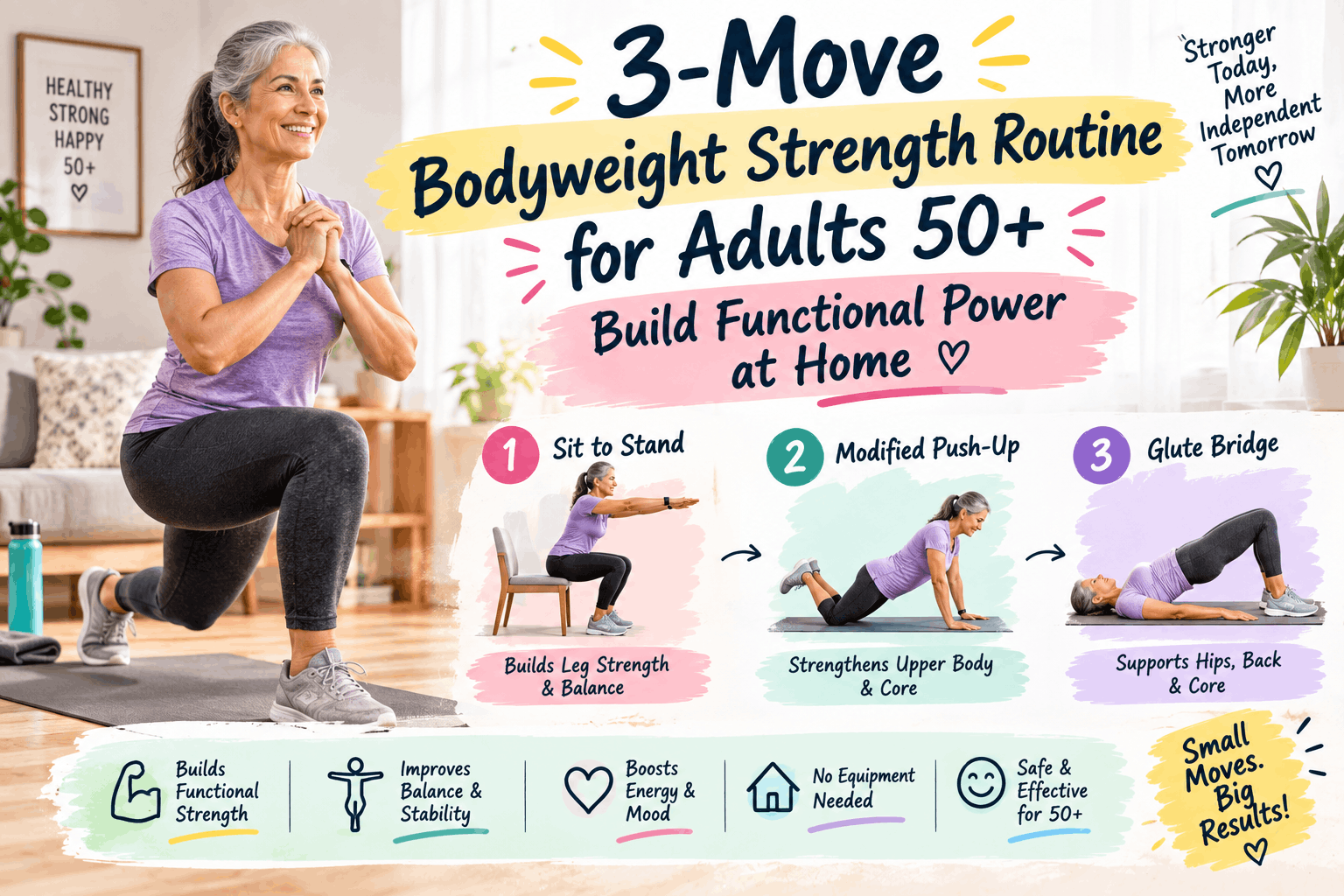 3‑Move Bodyweight Strength Routine for Adults 50+: Build Functional Power at Home