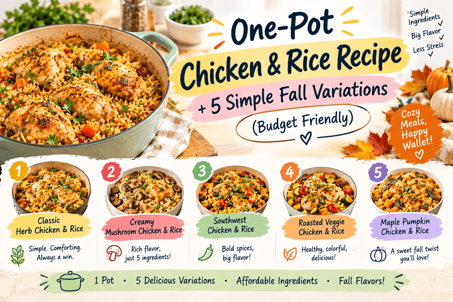 One-Pot Chicken & Rice Recipe + 5 Simple Fall Variations (Budget Friendly)